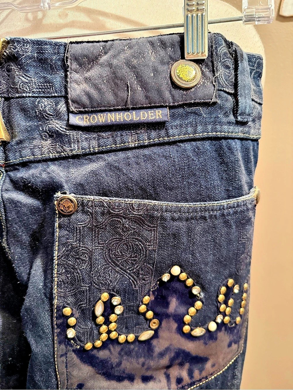 VTG Crown Holder Embellished Jeans Black & Blue Waist 36 - Picture 4 of 13